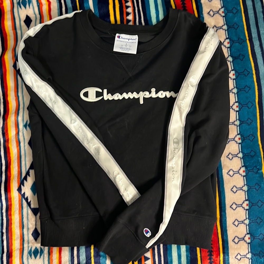 embroidered champion crew neck black sweater